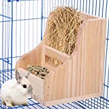 ZARYIEEO Rabbit Hay Feeder, Wooden Grass & Food 2 in 1 Double Use Dispenser, Wood Rack Manger Holder for Bunny Guinea Pig Chinchilla, Less Wasted Indoor Bowl Small Animal Pet-self Feeding Bin