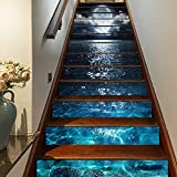 MISSSIXTY 13PCS/Set 3D Self-Adhesive Stair Risers Stickers Vinyl Staircase Stickers Stairway Decal Mural Wallpaper Home Decor 39.3 Inch x7.08 Inch (The Sea in The Moonlight)