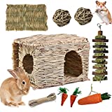 kathson Bunny Grass House, Small Animals Comfortable Hideout Hand Woven Grass Foldable Hay Bed Hut Toys Edible Hideaway with Chewing Toys for Rabbits/Guinea Pig/Chinchilla/Hamster