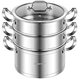 COSTWAY 3-Tier Stainless Steel Steamer for Cooking, Boiler Pot with Handles on Both Sides, Transparent Tempered Glass Lid, Free Combination Design, for Induction, Radiant-Tube Furnace