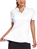 MIER Women's Golf Polo Shirts Collarless SPF 50+ Short Sleeve Athletic Tennis Badminton T Shirts Moisture Wicking Professional Horse Riding Tops White L