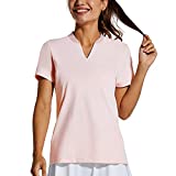 BALEAF Women's Golf Tennis Shirts V-Neck Lightweight Quick Dry UPF 50+ Sun Protection Short Sleeve Polo Shirts Collarless Pink Size M