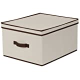 Household Essentials 515 Storage Box with Lid and Handle- Natural Beige Canvas with Brown Trim- Jumbo