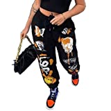 aporake Women's Printed Jogger Pants Elastic Waist Fashion Graphic Hiphop Streetwear Loose Sweatpants with Pockets Trousers (Black, X-Large)