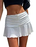 Meladyan Women Solid Y2K Ruched Ruffle Mini Skirt High Waist Athletic Tennis Skort A-Line E-Girl Short Skirts White