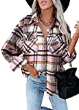 Pink Plaid Jacket Women Fashion Street Style Jacket Button Down Long Sleeve Tops Large