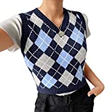 Girls Women Argyle Sweater Vest Knit V-Neck Plaid Vintage Streetwear Preppy Style Knitwear Crop Tank Top Outerwear (Blue Argyle, Medium)