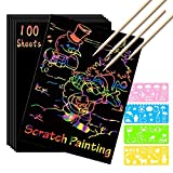 SKYFIELD Scratch Paper Art Set, 100 Sheets Rainbow Card Scratch Art, Black Scratch it Off Paper Crafts Notes with 10 Wooden Stylus and 4 Stencils for Kids DIY Christmas Birthday Gift Card