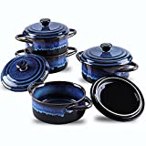 KOOV Small Casserole Dish with Lid, Oven Safe Bowls, 12 oz Ramekins with Lids, Souffle Dish, Ceramic Casserole Dish Set of 4, Mini Dutch Oven Reactive Glaze (Nebula Blue)