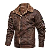 SPE969 Men's Bomber Jacket,Autumn Winter Vintage Turn-Down Collar Solid Imitation Leather Coat