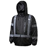 PIONEER High Visibility, Waterproof, 300D Nano Tech Heated Safety Bomber Jacket with Detachable Hood, Reflective Tape, Black, V1210170U-M, Medium