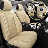 AOOG Leather Car Seat Covers with Car Backseat Organizer, Universal Automotive Vehicle Seat Cover for Most Sedan SUV Pick-up Truck, Full Set, Beige