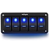 Nilight - 90110E 5 Gang Aluminum Rocker Switch Panel Toggle Dash 5 Pin ON/Off Pre-Wired Rocker Switch Blue Backlit Switch for Automotive Car Marine Boat RV,2 Years Warranty