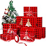 12 Pieces Christmas Cupcake Boxes Plaid Buffalo Plaid Christmas Candy Treat Boxes Window Bakery Boxes Kraft Cookie Boxes with Red Snowflake Ribbon for Christmas Decorations