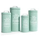 Barnyard Designs Decorative Nesting Kitchen Canister Jars with Lids, Mint Metal Rustic Vintage Farmhouse Container Decor for Flour Sugar Coffee Tea Storage, Set of 4, Largest is 5.5” x 11.25”