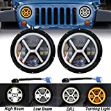 AMUNIESUN Pair 7 inch LED Headlight Assemblies with Halo Ring Amber Turn Signal Light White DRL High Low Beam Lamp Compatible with Jeep Wrangler JK TJ LJ CJ Mazda Miata Chevy Dodge