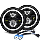 7 Inch LED Headlights Round Halo Angel Eyes DRL Amber Turn Signal Lights H6024 LED Headlamps High/Low Sealed Beam Projector Compatible with Jeep Wrangler JK LJ CJ TJ with H4 H13 Adapter, 2PCS Black