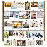 Love-KANKEI Wood Picture Photo Frame for Wall Decor 26×29 inch with 30 Clips and Adjustable Twines Collage Artworks Prints Multi Pictures Organizer and Hanging Display Frames Carbonized Black
