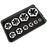 10 Piece UNC Pipe Die Set 1/4", 5/16", 3/8", 7/16", 1/2", 9/16", 5/8", 3/4", 7/8" and 1", Rethreading, Carbon Steel ，Black Box with Handle