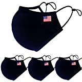 Reusable Cloth Masks Black Face Protection for Men Women with American USA Flag Washable Breathable Elastic Design Fit Most Adults, 4 Pack