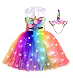 Sequin Unicorn Lighted Dress Halloween Costumes for Girls with Headband Birthday Christmas Party Decorations Outfits Dance Princess Tutu Rainbow 7 - 8 Years Old