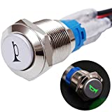 Twidec/16MM Raised Speaker Horn Momentary Push Button Switch 5/8" Mounting Hole 12V Green Led Light Silver Stainless Steel Shell 1NO 1NC SPDT with Pre-Wiring Wires Switch for Car Modification G16LB-G