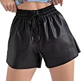 Tagoo Black Faux Leather Shorts for Women High Waisted Wide Leg Paperbag Short Pants with Pockets