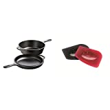 Lodge LCC3 Pre-Seasoned Cast-Iron Combo Cooker, 3.2-Quart and Lodge SCRAPERPK Durable Polycarbonate Pan Scrapers, Red and Black, 2-Pack Bundle