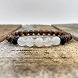 Handcrafted Brown Tigerskin Sandalwood, Moonstone, & Lava Rock Beaded Stretch Mala Bracelet | Luna Series - Moonstone Jade Wooden Bead Bracelet (XL - 9" inches)