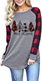 Merry Christmas Shirt Plaid Leopard Christmas Tree Graphic Tee Buffalo Splicing Long Sleeve Baseball Tshirt Top (Grey-1, M)