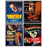 Dracula - The invisible Man - The Mummy - Frankenstein - Vintage Horror Monster Movie Poster Set - Home Theater Wall Art Decorations - Creepy Classic Scary Movie - Man Cave, Boys Bedroom, Teens Room