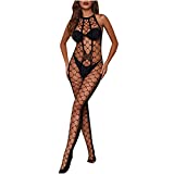 CofeeMO Women's Solid Color Sexy Lingerie Mesh See Through Underwear Lace Thong Hollow Bodysuit Set for Sex Naughty Play (Black-F, One Size)
