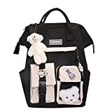 Kawaii Backpack Lovely Pastel Rucksack for Teen Girls Aesthetic Student Bookbags with Kawaii Pin and Cute Accessories (Black-F)