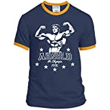 Arnold Schwarzenegger Men's Bodybuilding T Shirt Muscle Workout Gym Shirts (Large, Navy/Gold)