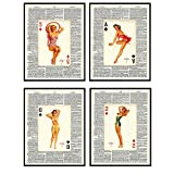Dictionary Wall Art Prints - 1950s Vintage Pinup Girls Playing Cards Photo Set - Chic Home Decor for Bar, Man Cave, Poker or Game Room Decoration  Cool Unique Gift for Men, Man, Husband Him