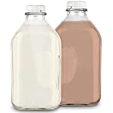 Stock Your Home Half Gallon Glass Milk Bottle with Lid (2 Pack) 64 Oz Jugs and 6 White Caps, Reusable Food Grade Milk Container for Refrigerator, Bottles for Juice, Oat or Plant Milks, Water, Honey