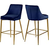 Meridian Furniture Karina Collection Modern | Contemporary Velvet Upholstered Counter Stool with Polished Gold Metal Legs and Foot Rest, Set of 2, Navy