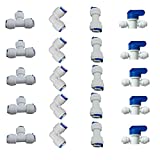 Liimevvon 1/4" OD Quick Connect Push In to Connect for RO Water Reverse Osmosis System Water Tube Fitting Set Of 20 (ball valve+T+I+L Type Combo)