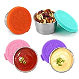 Sophico Salad Dressing Container To Go, Small Condiment Containers with Leakproof Silicone Lids, 1.5oz Kids Sauce Container Stainless Steel Reusable Eco Dips Lunch Box Snack Bento (4 Color, 4 Pack)