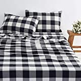 Wake In Cloud - Black Plaid Sheet Set, 100% Washed Cotton Bedding, Buffalo Check Gingham Geometric Checker Pattern in Black Gray Grey White (4pcs, Queen Size)