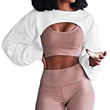 Artfish Women's Crewneck Long Sleeve Crop Hoodie Workout Gym Cutout Loose Super Cropped Sweatshirts White S