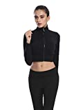 Urhapc Women's Workout Crop Top Fitted Pullover Zip Up Long Sleeve Sweetshirt Black