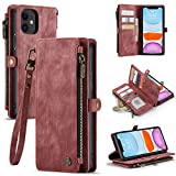 Defencase for iPhone 11 Case, iPhone 11 Wallet Case for Women Men, Durable PU Leather Magnetic Flip Lanyard Strap Wristlet Zipper Card Holder Wallet Phone Cases for iPhone 11 6.1-inch, Red