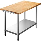 VEVOR Maple Top Work Table, 36 x 24 Inches Stainless Steel Kitchen Prep Table Wood, 1.5 Inch Thick Kitchen Maple Table with Lower Shelf and Feet, Stainless Steel Table for Home and Kitchen