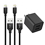 Pantom 2.1A Dual USB Wall Plug Charger and 2-Pack Nylon Braided 6-FeetLightning Cable Charge/Sync Compatible with iPhone 11/11 Pro/X/8 Plus/7/7 Plus/6s/6s Plus/6/6 Plus/5/5s/5c iPad Pro/Mini [Black]