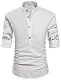 NITAGUT Men Henley Neck Long Sleeve Daily Look Linen Shirts Casual Beach T Shirts White-US L