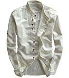 utcoco Men's Vintage Linen Stand Collar Button Up Shirt Long Sleeve (X-Large, White)