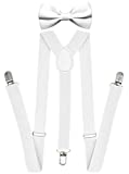 Trilece Suspenders for Men with Bow Tie - Adjustable Size Elastic 1 inch Wide Y Shape - Womens Suspenders with Bowtie - Strong Clips (White, 1)