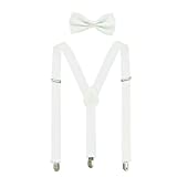 Suspenders For Men,Women Adjustable Suspends Bow Tie Set Solid Color Y Shape (White)
