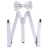 Men's Bow Tie and Y Shape Suspender Set Adjustable Elastic Solid Color (White)